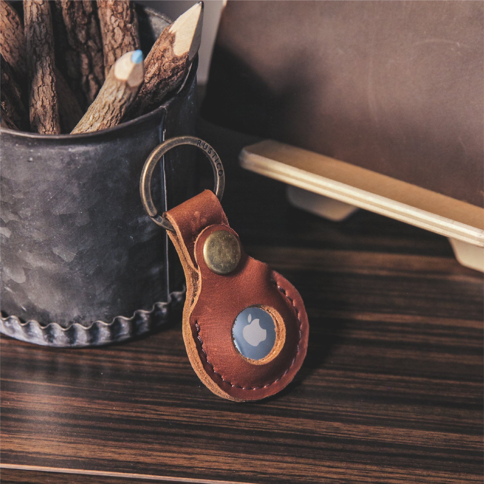 Rustico Handcrafted Leather AirTag Case with Key Ring