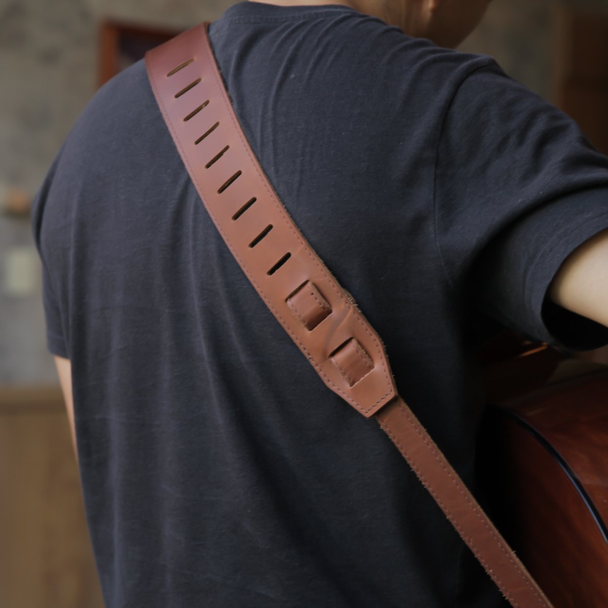 Adjustable Leather Guitar Strap with Pick Holder